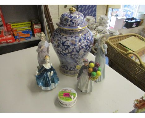 Ceramics to include two Royal Doulton china figures, Janine HN2461, 8h, and Biddy Penny Farthing HN1843, 8 1/2h, a large ging