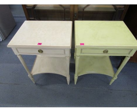 A cream painted bedside table and a matching light green painted bedside cabinet