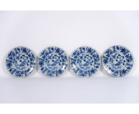 set of four 18th Cent. Dutch plates in ceramic from Delft with blue-white decorSet van vier achttiende eeuwse borden in faïen