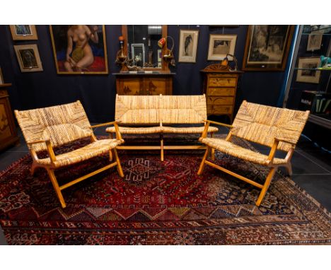 Olivier De Schrijver signed Ode's "You and Me New York" design set in teak and wild straw with a sofa and two armchairsDE SCH