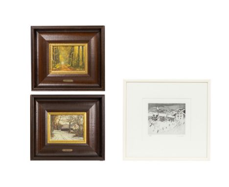 various lot with a C. Schwab signed etching and two small works on canvas, signed Gilbert DebuissonLot (3) met een ets geteke