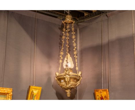 antique church' lamp in silverplated metal Antieke godslamp in metaal met oude originele verzilvering en versierd met vrouwel
