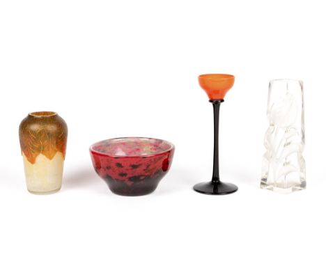 small collection of glass items to be dated around 1900/ 1920 amongst which a Charles Schneider "Berlingot" design vase (ca 1