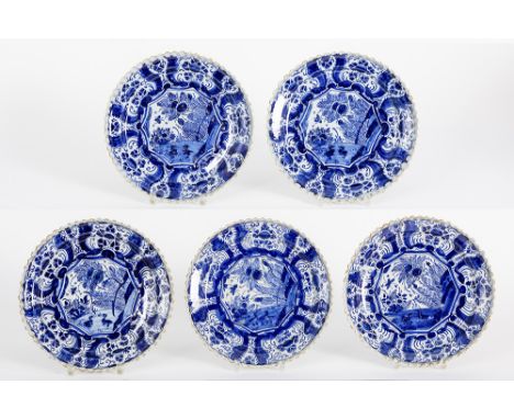 series of five nice 18th Cent. plates in ceramic from Delft with a blue-white decor with ducks in a pondSerie van vijf mooie 