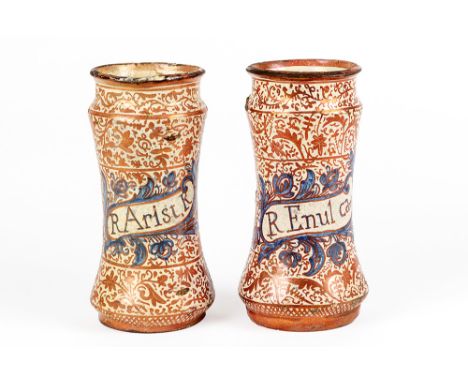 pair of 16th Cent. Spanish Renaissance style pharmaceutical jars in ceramic with a vegetal decor in iridescent glazes one has
