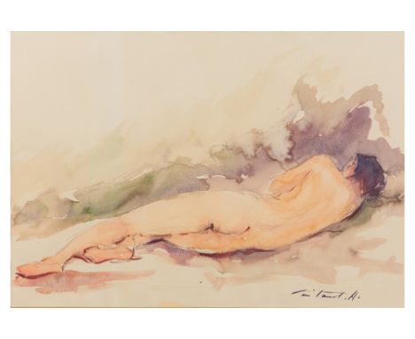illegibly signed 20th Cent. aquarelleOnleesbaar getekende aquarel : "Vrouwelijk naakt model"  -  30 x 43