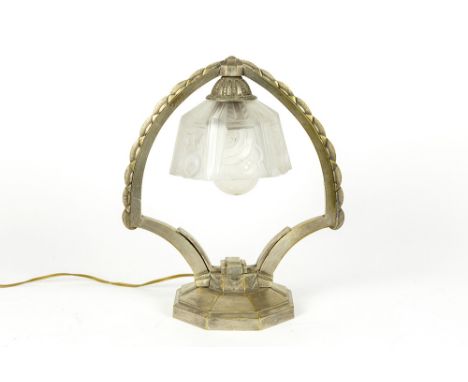 quite special to Sabino France attributed Art Deco lamp with a base in silverplated bronze and with a shade in satin glassSAB
