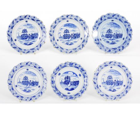 series of six nice 18th Cent. plates in marked ceramic from Delft with a special blue-white decor with a fruit picking womanS