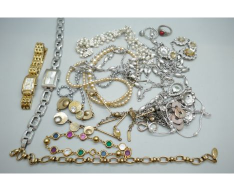 A collection of costume jewellery and wristwatches including a Pilgrim gold plated necklace, and a silver Pandora ring, Q