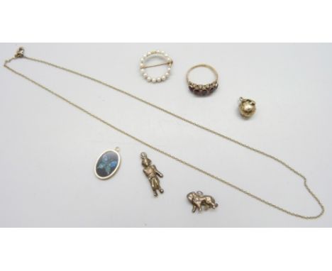 A 10k gold seed pearl brooch, 1.8g, a Victorian 9ct gold stone set ring, 2.1g, M, a yellow metal Masonic ball pendant, 3.4g, 