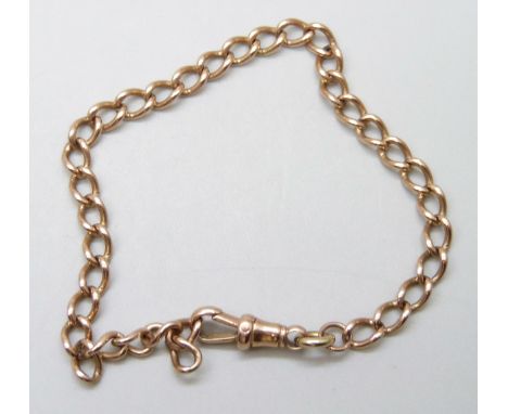 A 9ct rose gold bracelet with dog clip fastener, end link requires repair, lacking jump ring, 7.5g, 19cm