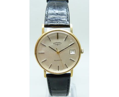 A 9ct gold cased Rotary quartz wristwatch with date aperture, long service inscription to case back, 34mm including crown