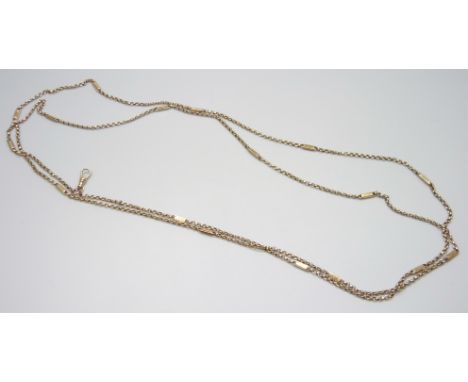 A yellow metal Victorian fancy link long guard chain, jump ring stamped 375, 27.9g, 167cm