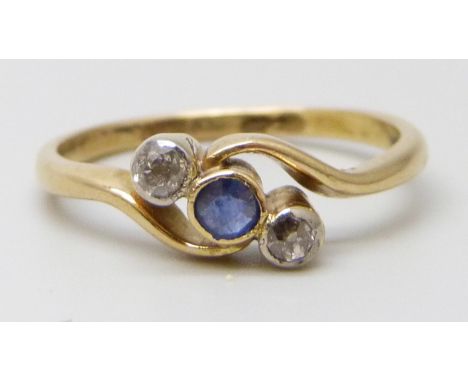An 18ct gold, sapphire and diamond crossover ring, 2.5g, M