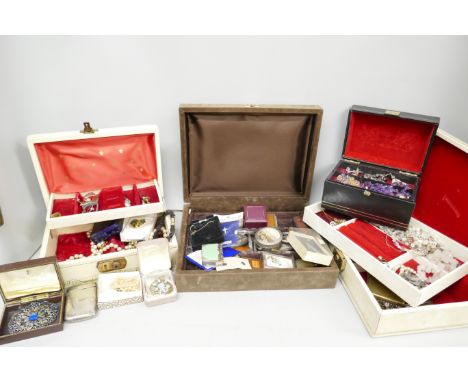 Four boxes of vintage and later costume jewellery 