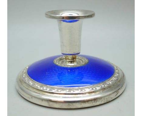 A Norwegian silver candlestick with blue guilloche enamel detail, 69g, 7cm base, 4.2cm tall