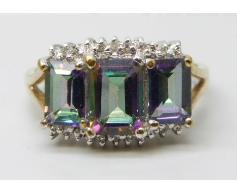 A 9ct gold and mystic topaz and diamond ring, 3g, N