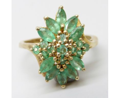 A 14ct gold plated silver ring set with 1.25cts of Zambian emeralds, O/P