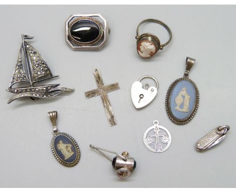 A collection of silver jewellery including a .800 ring, Wedgwood, etc., together with two unmarked charms, 27.9g total