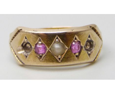 A Victorian 15ct gold ring set with rubies and a pearl, Chester 1876, (lacking two stones), 2.2g, K/L