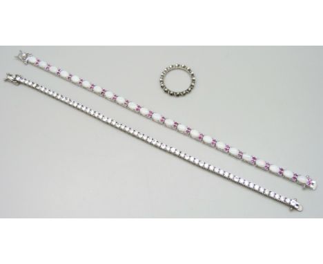 A silver Pandora ring, O/P, a silver white stone set tennis bracelet, 19cm, and a silver synthetic opal set line bracelet, 19