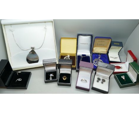 A collection of jewellery, mainly silver including a pair of moonstone drop earrings, together with some plated pieces and a 