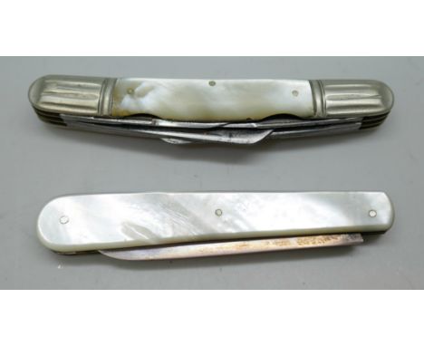 A silver bladed mother of pearl knife, 8.2cm, and a pocket knife marked Wade Wingfield Rowbotham Sheffield  *This lot is not 