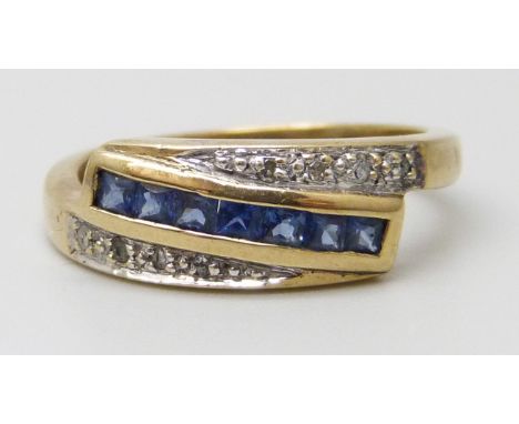 A 9ct gold, three row sapphire and diamond ring, 2g, K