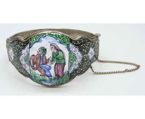 A white metal Eastern hand painted enamel bangle, 34g