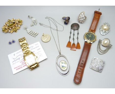 A collection of jewellery and watches including a pair of silver blue stone studs, large silver ring, M/N, 20g, together with