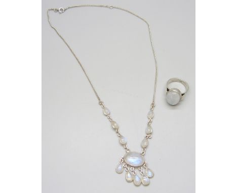A silver moonstone drop necklace, and a silver and moonstone ring, P/Q, 16.6g total weight, 45.5cm necklace