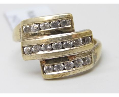 A TGGC silver gilt three row designer style zircon ring, N