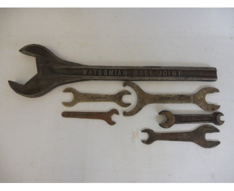 A small group of motorcycle spanners including New Hudson, Enfield etc. plus a large 'Watsonian Ball Joint' spanner.