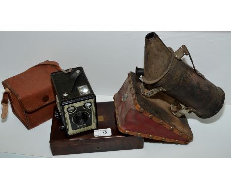 Kodak Brownie 6208 camera in original case, rosewood instrument box and early bee smoker 