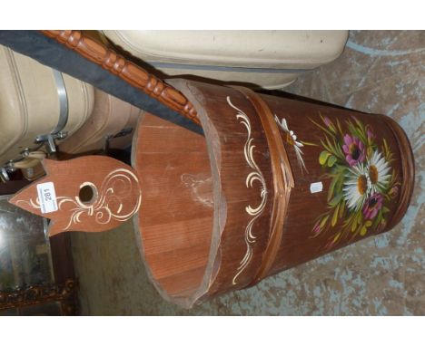 Oak umbrella stand with hand-painted folk art style painted decoration and umbrella and walking stick