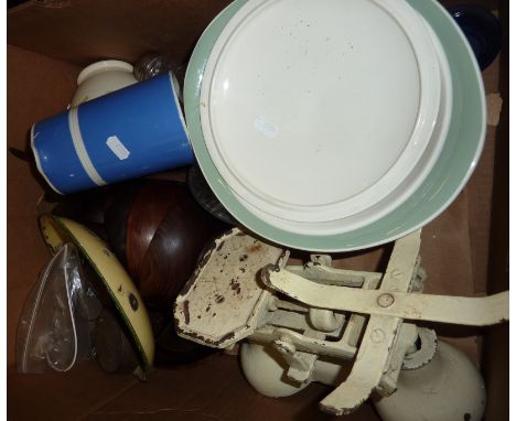 Set of scales and weights, glass bowls, wooden bowls etc,.