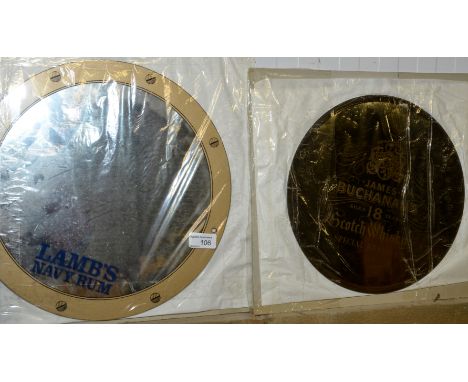 Two unframed advertising mirrors 'Lambs Navy Rum' and 'James Buchanan's Scotch Whisky' 