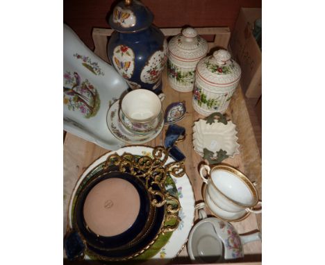 Royal Worcester tea cups with gilt decoration, a pair of continental jars, Aynsley tea cup and saucers, plates etc
