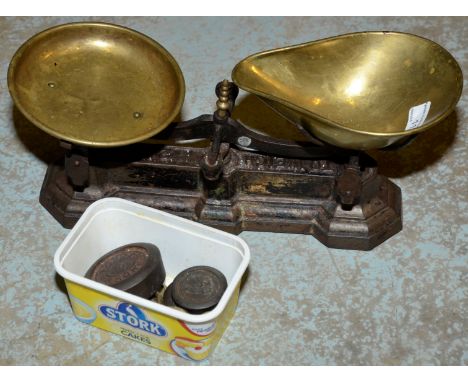 Set of brass scales and weights 