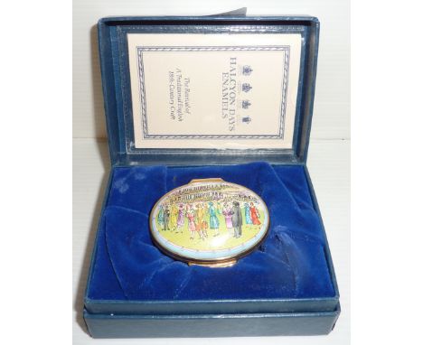 Halcyon Days enamel snuff box depicting 'The Royal Enclosure At Ascot races In The 1920s' in original box