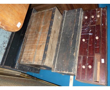 Multi drawer tools chest, another stained pine tool chest, a hardwood tool chest with hinged top and one other (4)