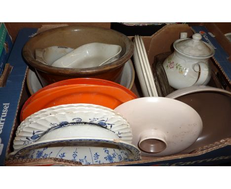 Stoneware bowl, stoneware planter, Saxon blue and white dish, teapots, small wood framed mirror etc 
