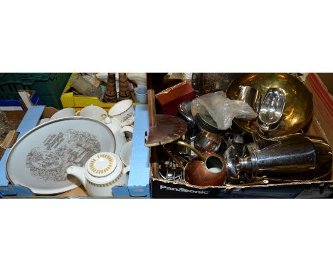 Box of assorted stainless steel, tea sets, toast racks, wooden spoon rack, Studio Pottery Bowl, tea cups and saucers etc (2 b