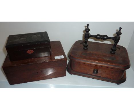 Mahogany box with Mother of Pearl inlay, papier mache tea caddy and a walnut pen stand