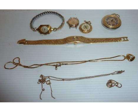 Ladies Rotary wristwatch, ladies Lanco Tank wristwatch on expandable strap, Acqua wristwatch, 2 small fob watches, chains etc