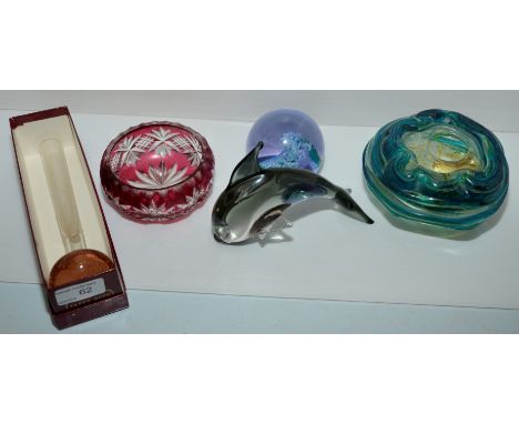 Selection of glassware including paperweight, ruby glass dish, a Medina candle holder, glass dolphin, bud vase etc 