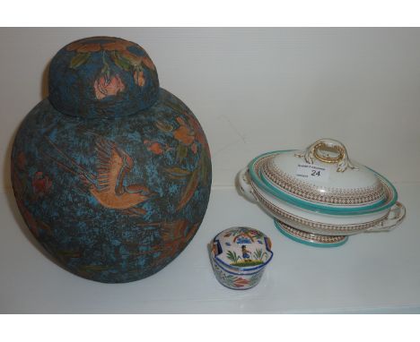 Ceramic ginger jar with bird and floral decoration, small Royal Worcester lidded tureen and a small quimper lidded pot 