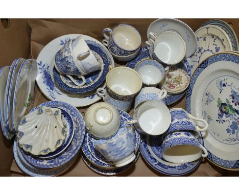 Box of assorted blue and white cups, saucers etc including a Royal Worcester cup (A/F), a box of blue & white including Copel