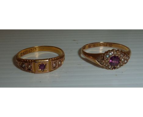 Two 15ct gold seed pearl and ruby rings