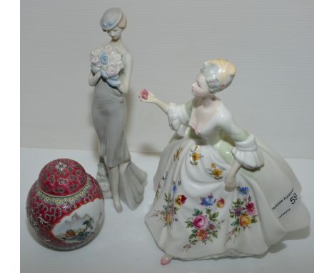 Royal Doulton figurine 'Diana' HN2468, a Lladro style figurine and small oriental ginger jar 